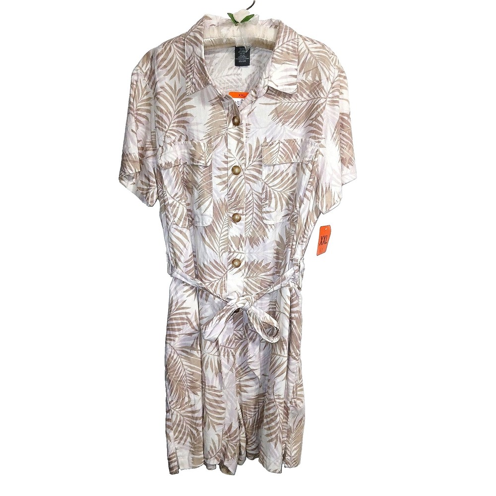 Matty M The Button Front Romper Women Linen Blend XXL Khaki Leaf Tropical Resort